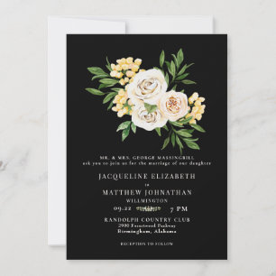 Convites Casamento Floral de Creme e Preto Elegante 