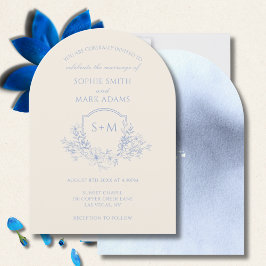 Convites Casamento Floral de Crest Inicial, Monograma Azul 
