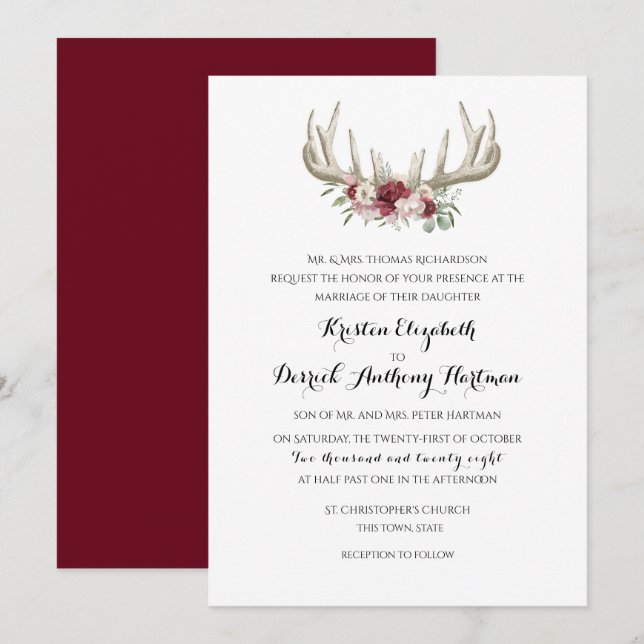 Convites Casamento Floral de Deer Antlers Burgundy (Frente/Verso)
