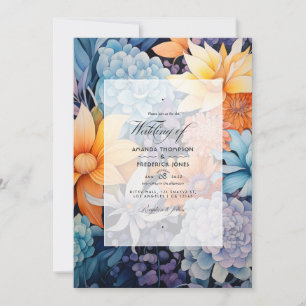 Convites Casamento Floral de Dusty Blue e Orange