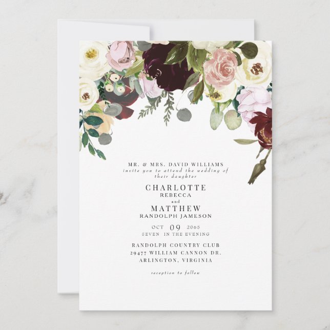 Convites Casamento Floral de Elegance Dusty Rosa e Burgundy (Frente)