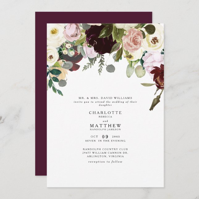 Convites Casamento Floral de Elegance Dusty Rosa e Burgundy (Frente/Verso)