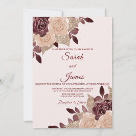Convites Casamento Floral de Elegante Burgundy Rosa Glitter