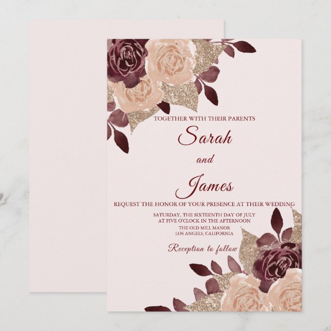 Convites Casamento Floral de Elegante Burgundy Rosa Glitter (Frente/Verso)