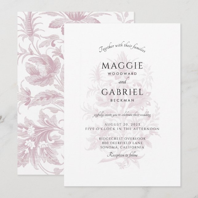 Convites Casamento Floral de Elegante Dusty Rosa (Frente/Verso)