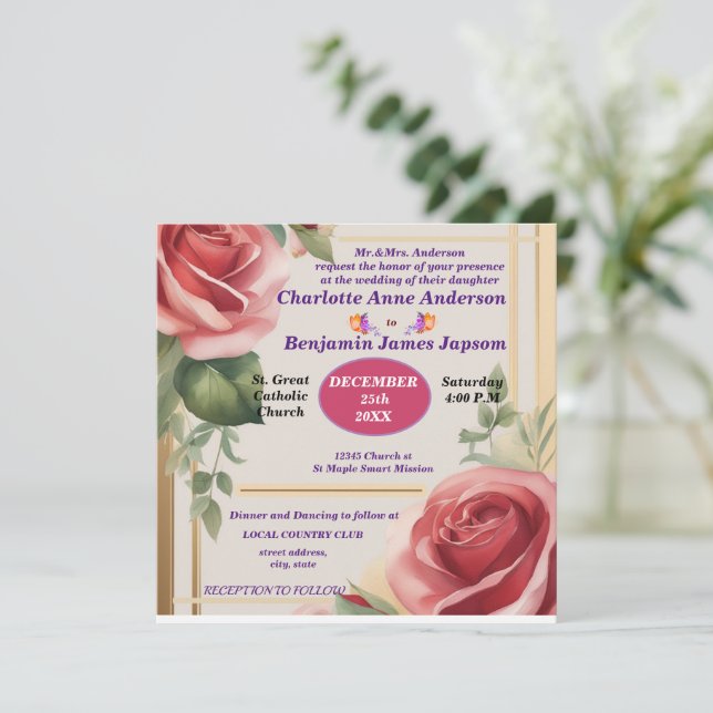 Convites Casamento Floral de Elegante Rosa (Em pé/Frente)
