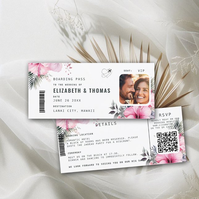 Convites Casamento Floral de Embarque de Destino Tropical (destination wedding invitation tropical hawaii boarding pass hibiscus floral pink watercolor)