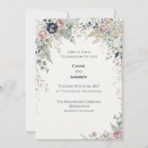 Convites Casamento Floral de Eucalipto Rosa Naval