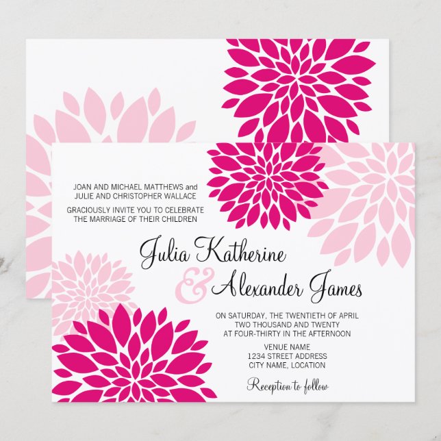 Convites Casamento Floral de Explosão Floral Elegante Fuchs (Frente/Verso)