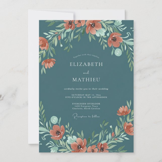 Convites Casamento Floral de Ferrugem Azul Aço (Frente)