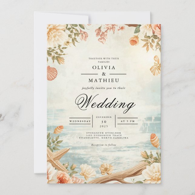 Convites Casamento Floral de Flor Blossom Costeiro Suave (Frente)