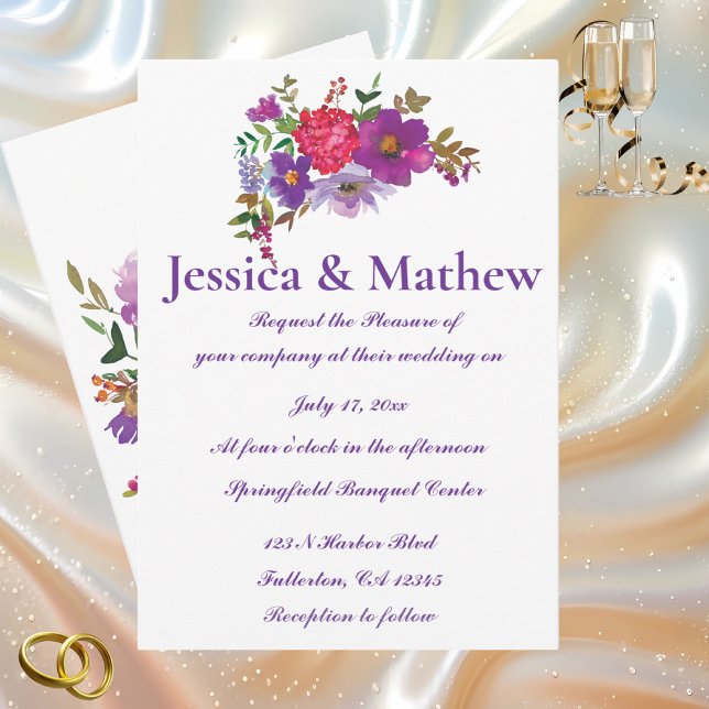 Convites Casamento Floral de Flor Elegante Branco e Roxo (Criador carregado)