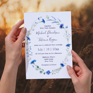 Convites Casamento Floral de Flor Silvestre Azul Elegante e