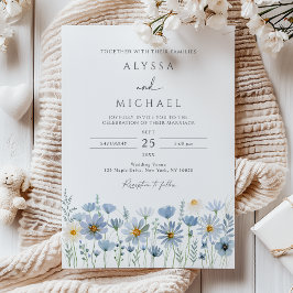 Convites Casamento Floral de Flor Silvestre Azul Empoeirado
