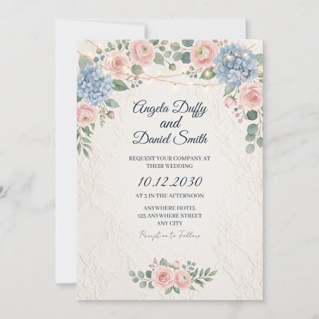Convites Casamento Floral de Flor Silvestre Pastel (Frente)