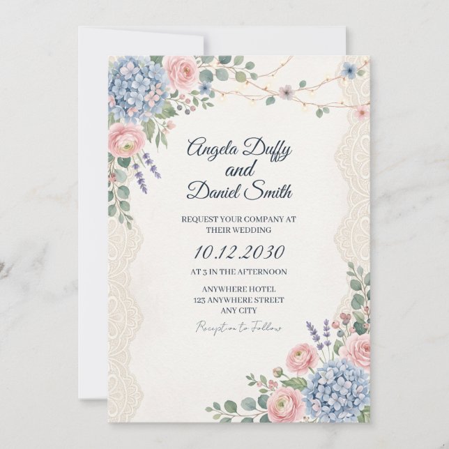 Convites Casamento Floral de Flor Silvestre Pastel (Frente)