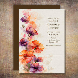 Convites Casamento Floral de Flores Silvestres com Aquarela