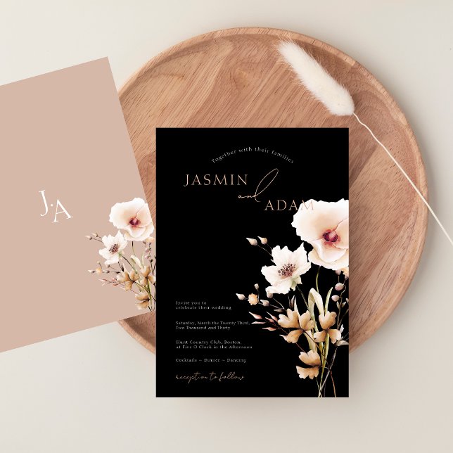 Convites Casamento Floral de Flores Silvestres com Rosa Ele (Simple Black Pink Wildflowers Floral Wedding Invitation)