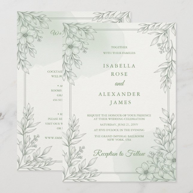 Convites Casamento Floral de Flores Silvestres de Arte de L (Frente/Verso)