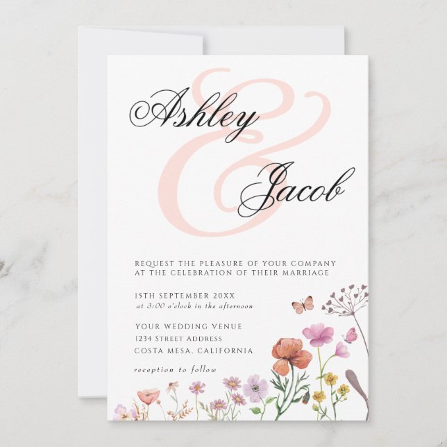 Convites Casamento Floral de Flores Silvestres Elegantes (Frente)