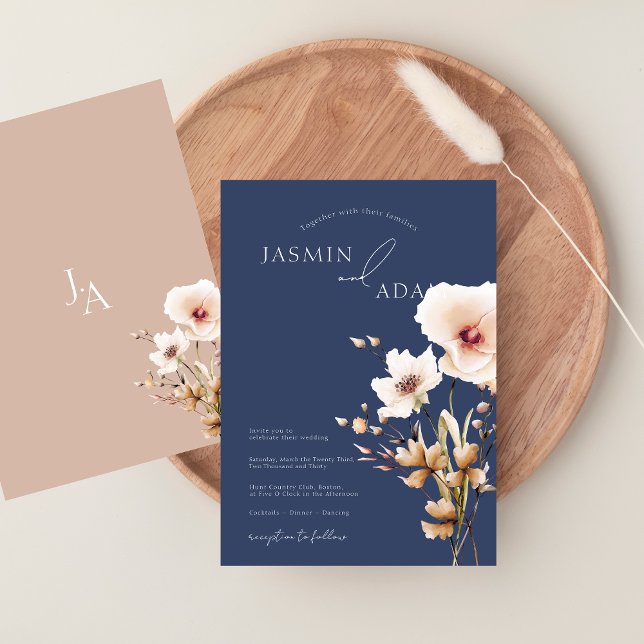 Convites Casamento Floral de Flores Silvestres Rosa Azul-Ma (Simple Navy Blue Pink Wildflowers Floral Wedding Invitation)