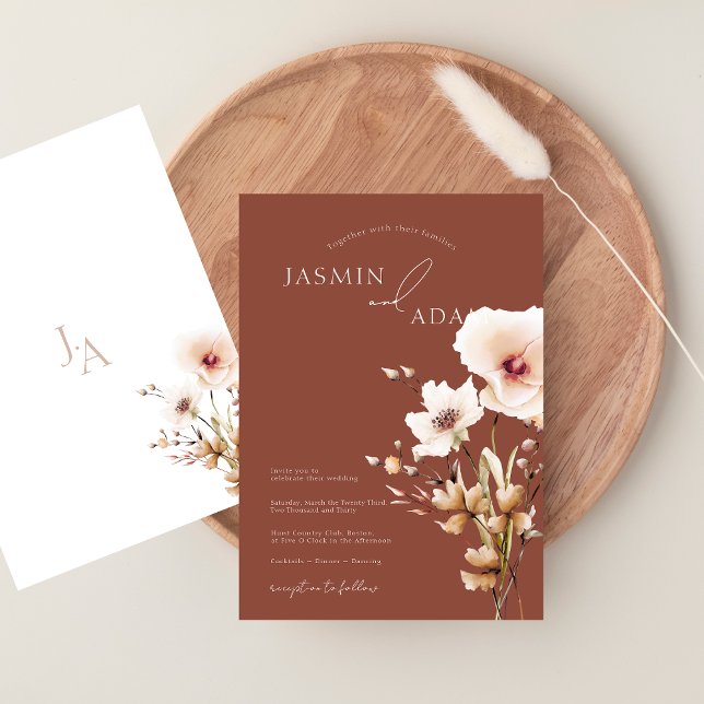 Convites Casamento Floral de Flores Silvestres Rosa Terraco (Whimsical Terracotta Pink Wildflowers Wedding Invitation)