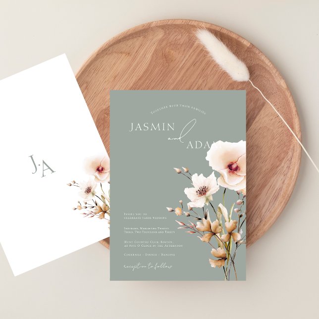 Convites Casamento Floral de Flores Silvestres Verde Salvia (Simple Sage Green Pink Wildflowers Floral Wedding Invitation)