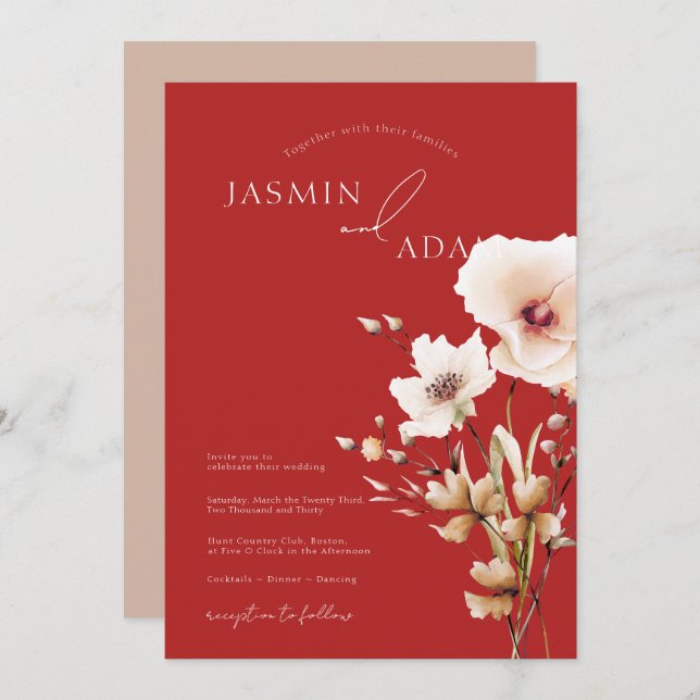 Convites Casamento Floral de Flores Vermelhos Rosa-Rosa Sim (Frente/Verso)