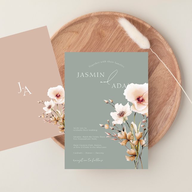 Convites Casamento Floral de Flores Vermelhos Rosa Simples (Simple Sage Green Pink Wildflowers Floral Wedding Invitation)