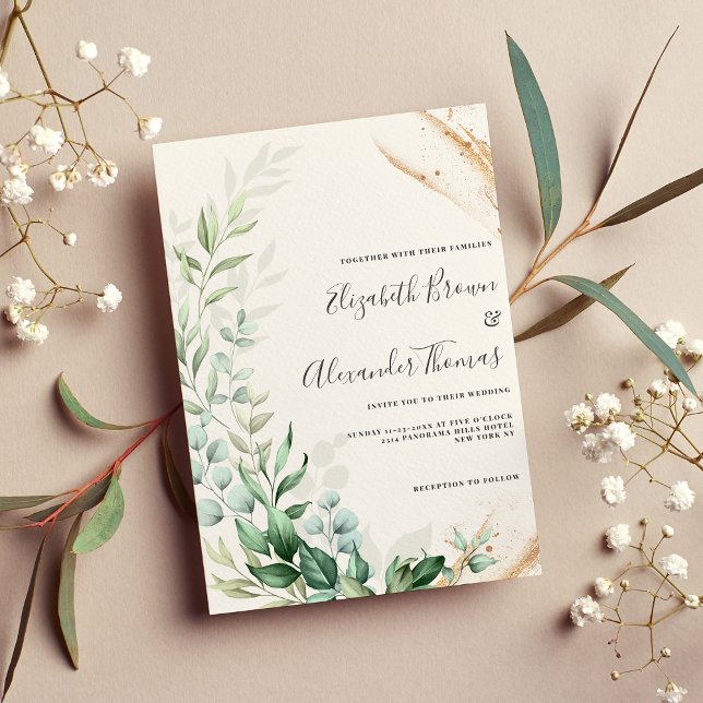Convites Casamento floral de folha verde de ouro de menta b (Botanical mint gold greenery leaf floral wedding)