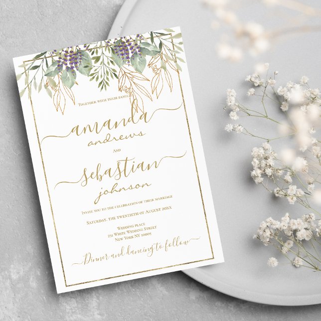 Convites Casamento floral de folhagem de ouro branco (White gold foliage floral calligraphy wedding )