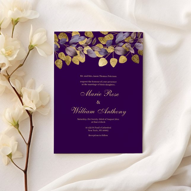 Convites Casamento floral de folhagem de ouro roxo lavanda (Lavender purple gold foliage floral Wedding )