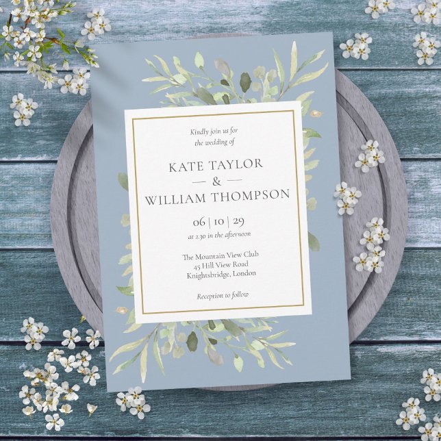 Convites Casamento Floral de Folhagem Verde Azul Empoeirado (Dusty Blue Greenery Foliage Floral Wedding Invitation)
