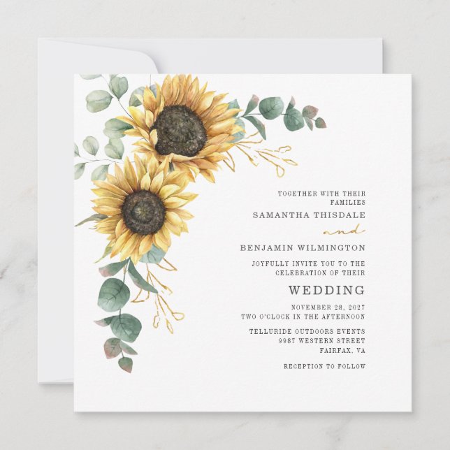 Convites Casamento Floral de Folhas de Eucalipto Girassol (Frente)
