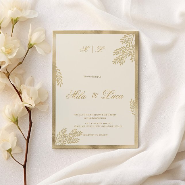 Convites Casamento floral de folhas de ouro de marfim de lu (Luxury ivory gold glitter leaf floral Wedding)