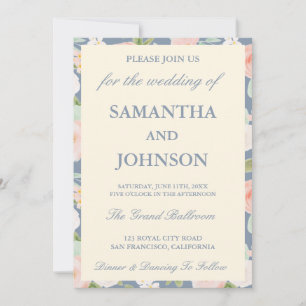 Convites Casamento Floral de Foto Vintage Marfim Azul Coste