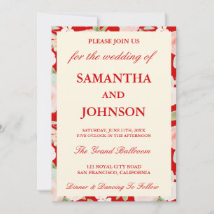 Convites Casamento Floral de Foto Vintage Vermelho Moderno