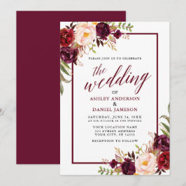 Convites Casamento Floral de Frame da Burgundy da Caligrafi