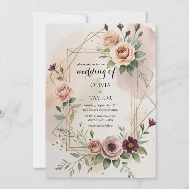 Convites Casamento Floral de Frame Dourado Elegante (Frente)