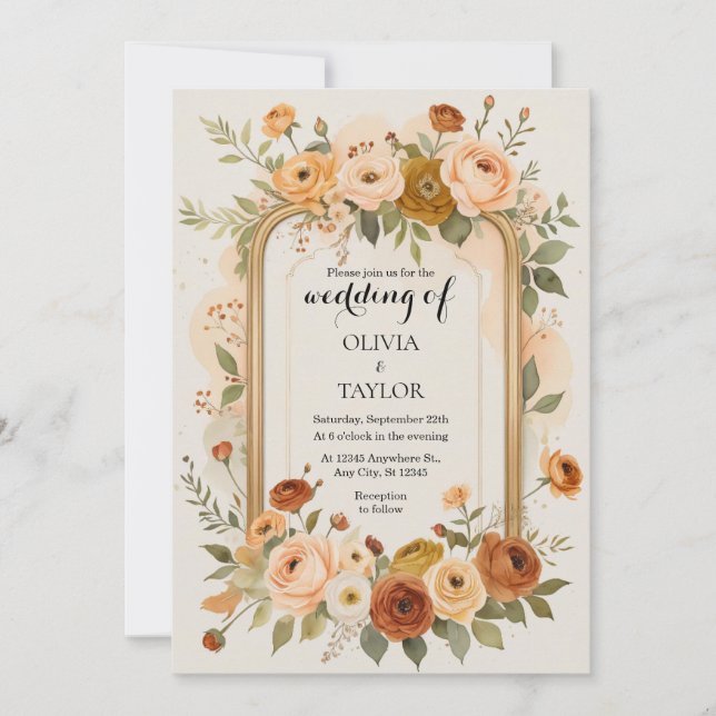 Convites Casamento Floral de Frame Dourado Elegante (Frente)