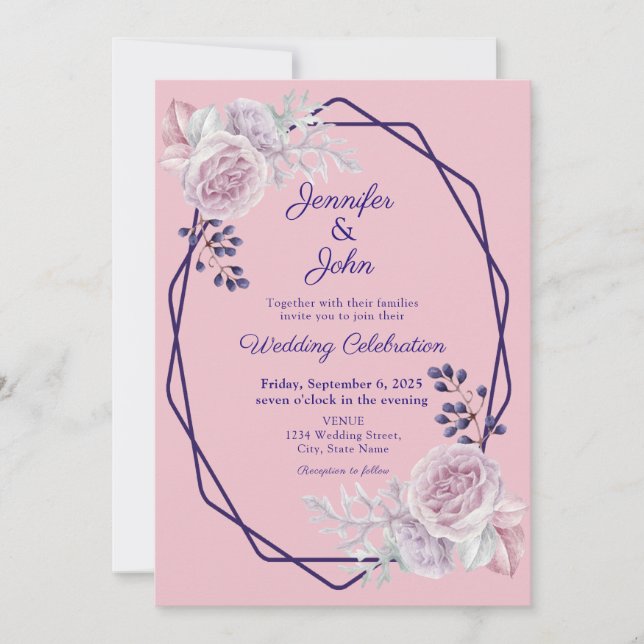 Convites Casamento Floral de Frame Geométrico Púrpura Pinta (Frente)