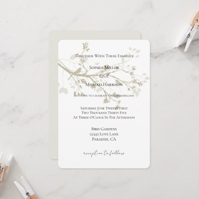 Convites Casamento Floral de Galhos de Árvore Pássaro Creme (Frente/Verso In Situ)