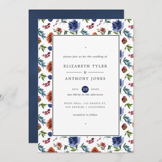 Convites Casamento Floral de Ginger e Marinho Watercolor (Frente/Verso)