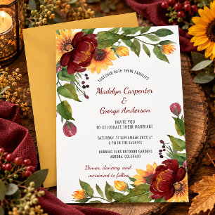 Convites Casamento Floral de Girassóis Rústicos Burgundy e