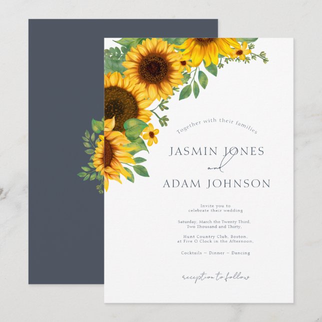 Convites Casamento Floral de Girassóis Simples (Frente/Verso)