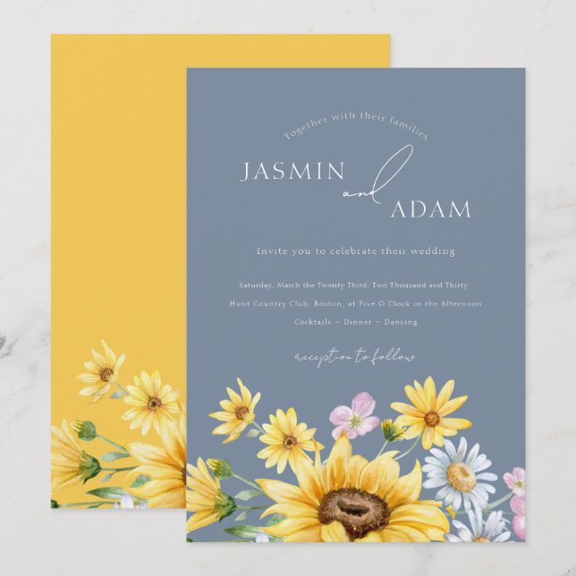 Convites Casamento Floral de Girassol Azul Empoeirado de Ve (Frente/Verso)