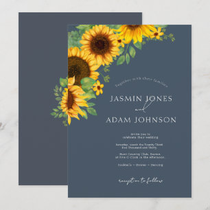 Convites Casamento Floral de Girassol Azul Real Boho