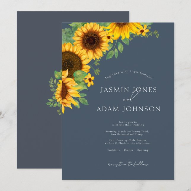 Convites Casamento Floral de Girassol Azul Real Boho (Frente/Verso)