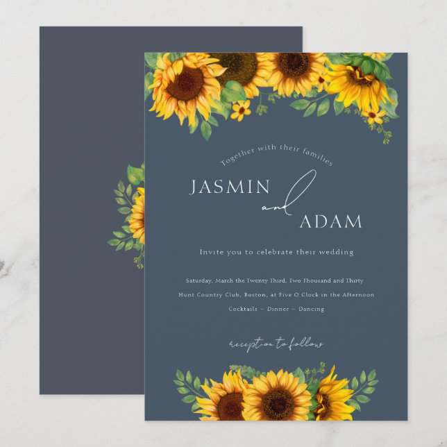 Convites Casamento Floral de Girassol Azul Real Simples (Frente/Verso)