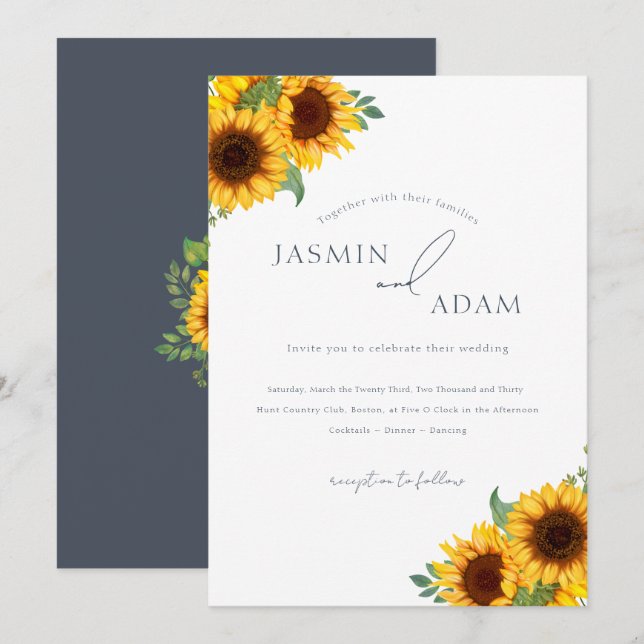 Convites Casamento Floral de Girassol Boho Azul Ardósia (Frente/Verso)